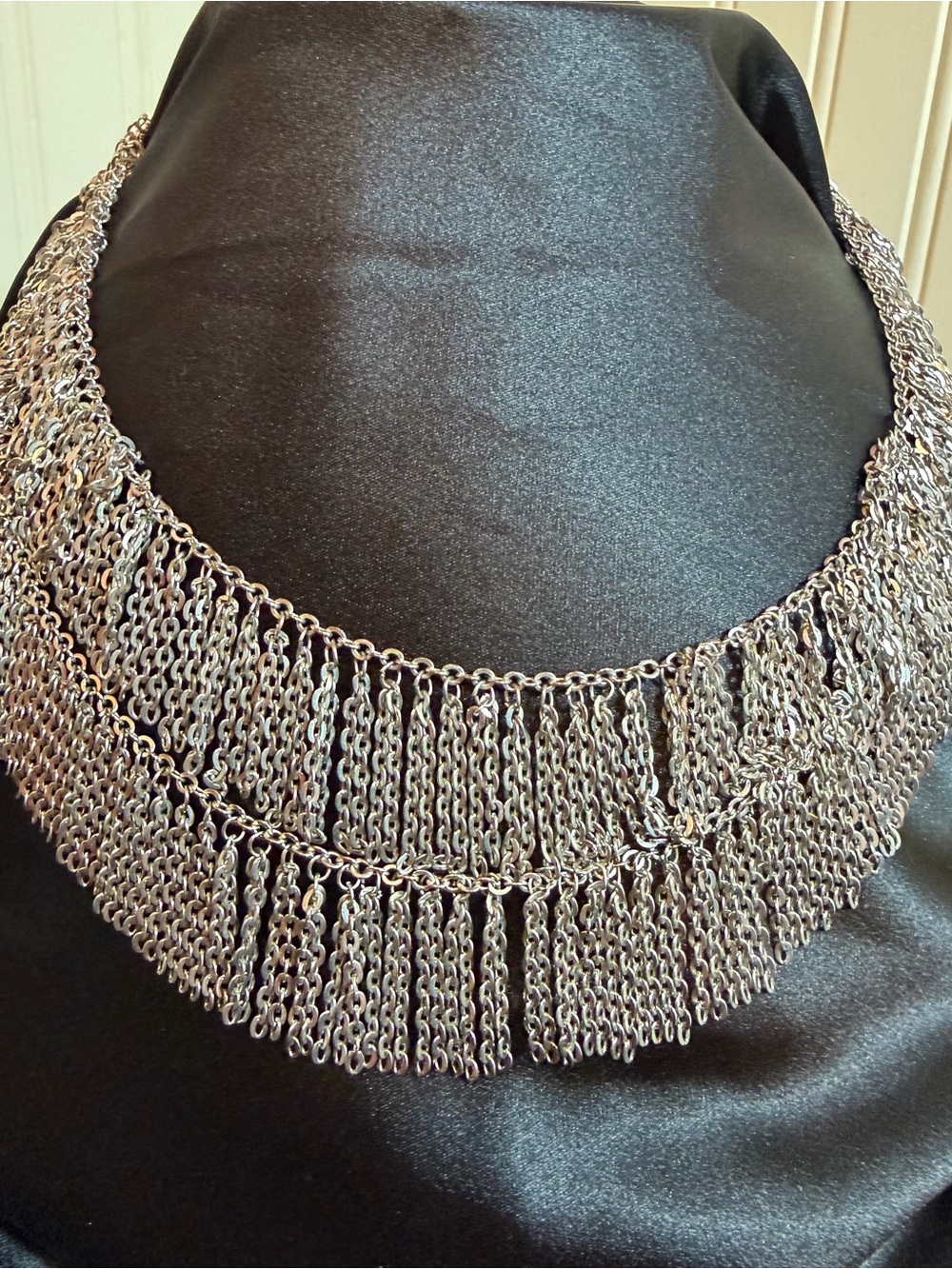Silver Tone Chain Fringe Necklace Statement Cascading Boho Liquid Metal Jewelry